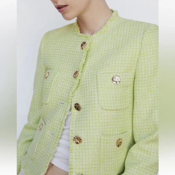 Mango MNG Tweed Preppy Boho Spring Summer Classic Blazer Jacket Lime Green - Sm - Picture 2 of 6